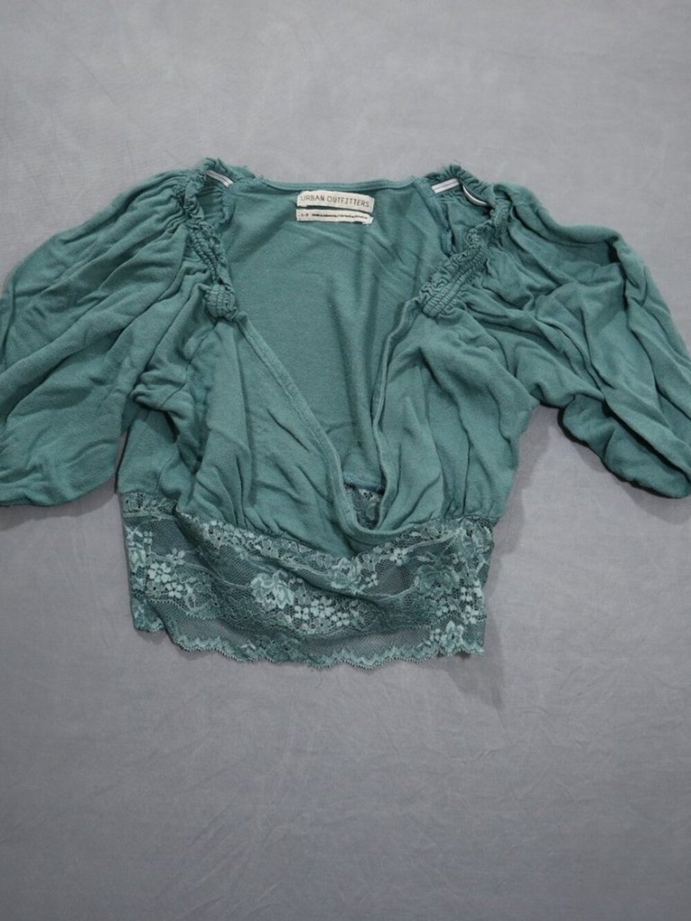 Urban Outfitters Lace Crop Top S Teal Green Puff Sleeve Tie Front Boho